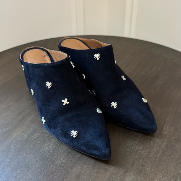 SVNTY Peace Mule - Navy Blue Suede Slide Block Heel - Size 38 - EUC - Picture 1 of 10